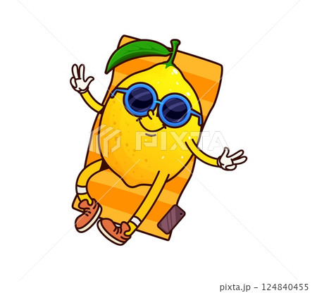Cartoon groovy lemon fruit character relaxing on beach towel, wearing stylish sunglasses and sneakers. Funny tropical citrus personage with a chill expression radiates fun, summer and vacation vibe 124840455