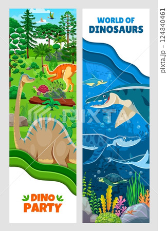 Paper cut banners with funny prehistoric dinosaurs. Paleontology land and ocean dinosaurs vector banners with probactrosaurus, diplodocus, carbonemys and ophthalmosaurus, mosasaurus, liopleurodon Paper cut banners with funny prehistoric dinosaurs. Paleontology land and ocean dinosaurs vector banners with probactrosaurus, diplodocus, carbonemys and ophthalmosaurus, mosasaurus, liopleurodon 124840461