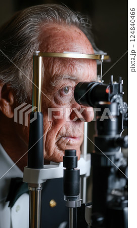 elderly man undergoing eye examination with slit lamp in medical setting 124840466