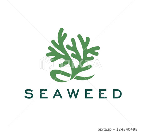 Coral seaweed icon, vector emblem with green sea algae plant for eco friendly, ocean related or sustainable business branding. Underwater aquatic tropical kelp or undersea water life, marine flora 124840498