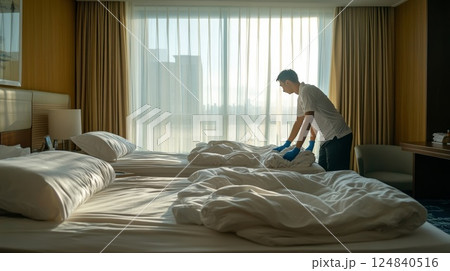 ベッドメイクをする男性スタッフ 124840516