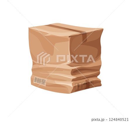 Deformed broken damaged crumpled cardboard box package, crushed or ripped cargo delivery parcel. Vector distressed and poorly treated package, symbolizing shipping errors, and transportation mishaps Deformed broken damaged crumpled cardboard box package, crushed or ripped cargo delivery parcel. Vector distressed and poorly treated package, symbolizing shipping errors, and transportation mishaps 124840521