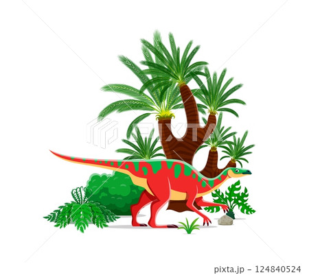 Dinosaur or prehistoric lizard and cartoon dino animal in forest, vector character. Anatotitan or Anatosaurus dinosaur of prehistoric Cretaceous era and hadrosaurid species for kids paleontology atlas 124840524