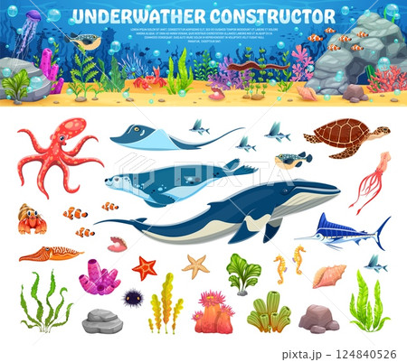 Cartoon underwater sea landscape constructor with fishes and ocean animals, vector undersea world. Underwater coral reef characters of octopus with turtle, jellyfish and seahorse for kids constructor 124840526
