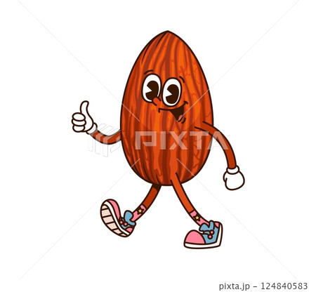 Cartoon groovy almond nut character showing a thumbs up. Isolated vector joyful and healthy y2k food personage spread hippie y2k energy in retro sneakers, showcasing funky and upbeat hippie vibe 124840583