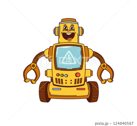 Cartoon funny groovy robot and droid character with playful expression and friendly smiling face. Vector retro futuristic sci fi personage with mechanical claws and wheels exuding nostalgic y2k vibe 124840587
