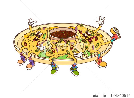 Cartoon pajeon savory pancakes Korean cuisine food characters with expressive faces, sneakers, and playful poses sit on a plate with dipping sauce, embodying joy and a festive Asian dining experience 124840614
