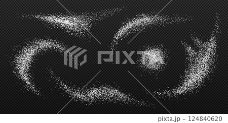 Sugar powder splashes, sweet white crystals swirls and piles set, vector food seasoning. 3d realistic scattered white table beet or granulated cane sugar with grainy textures on transparent background Sugar powder splashes, sweet white crystals swirls and piles set, vector food seasoning. 3d realistic scattered white table beet or granulated cane sugar with grainy textures on transparent background 124840620