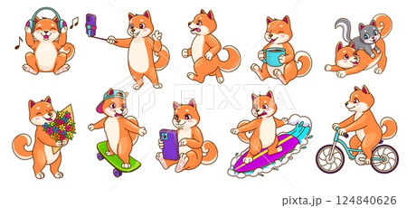 Cartoon cute Shiba Inu dog puppy characters and kawaii pets, vector personages. Japanese Shiba Inu puppy dogs happy playing with kitten cat, drinking coffee or making photo selfie on summer surfboard 124840626