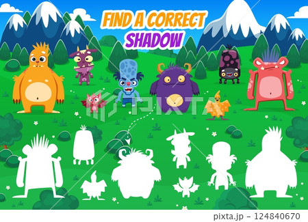 Find a correct shadow of funny monster characters, kids game worksheet. Vector logical children activity, riddle for mind development, featuring quirky and adorable creatures in a outdoor landscape 124840670