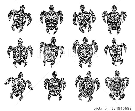 Maori tribal turtle reptile animal tattoo. Isolated vector black tortoise sacral symbolic, ornate, and symmetrical tribal art motifs. Mayan Aztec totem signs represent longevity, wisdom and stability. 124840688
