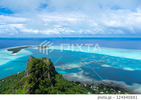 Panoramic view of Maupiti island and lagoon from Mount Teurafaatiu, French Polynesia 124840881