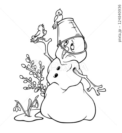 A melting snowman with a bucket on his head sadly looks at a singing bird sitting on his hand. The first days of spring. Hand drawn black and white outline illustration for a coloring book or postcard A melting snowman with a bucket on his head sadly looks at a singing bird sitting on his hand. The first days of spring. Hand drawn black and white outline illustration for a coloring book or postcard 124840936