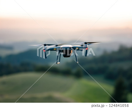 Drone flying in action with mountain in background 124841058