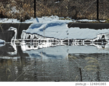 冬の溜池の土手の雪と雪解け水の作り出した景色 冬の溜池の土手の雪と雪解け水の作り出した景色 124841065