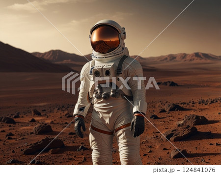 Spaceman standing around atmosphere of Mars 124841076