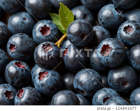 Closeup of blue berries with green leaf 124841077
