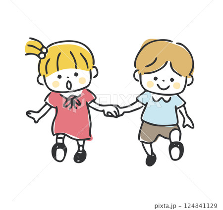 手をつないで歩く男の子と女の子 124841129