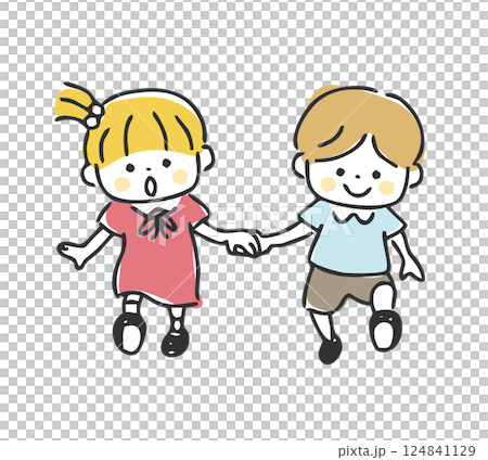 手をつないで歩く男の子と女の子 124841129