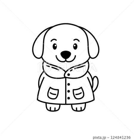 Cute Puppy Little Dog Pet Animal Cartoon Character Wearing Jacket Coat in Line Art Design 124841236