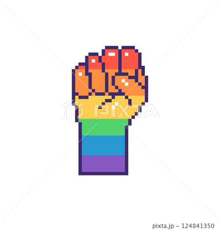 Raised pixel fist in vibrant rainbow colors. Hand drawn vector illustration. Raised pixel fist in vibrant rainbow colors. Hand drawn vector illustration. 124841350