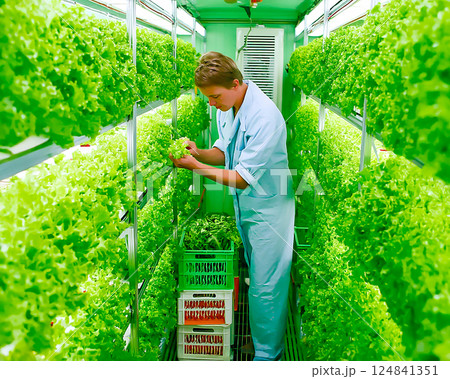 野菜工場 緑の野菜を持つ男性のイメージ素材 野菜工場 緑の野菜を持つ男性のイメージ素材 124841351