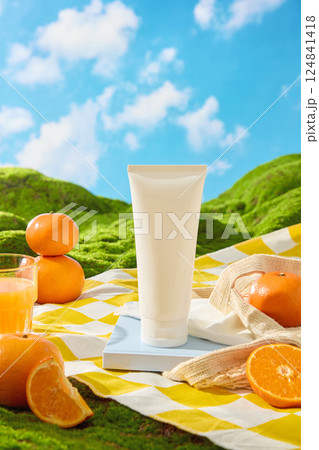 Cosmetic tubes stand upright on a rectangular tray. Rough cloth is spread over the tray, partially covering it. Oranges are cut in half, revealing fresh, juicy orange segments. Blue sky background. Cosmetic tubes stand upright on a rectangular tray. Rough cloth is spread over the tray, partially covering it. Oranges are cut in half, revealing fresh, juicy orange segments. Blue sky background. 124841418