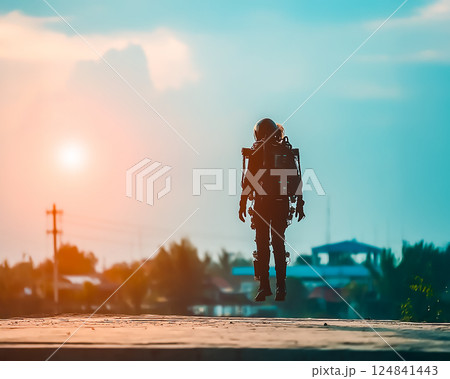 ジェットパックを背負って浮遊する人のイメージ素材 ジェットパックを背負って浮遊する人のイメージ素材 124841443