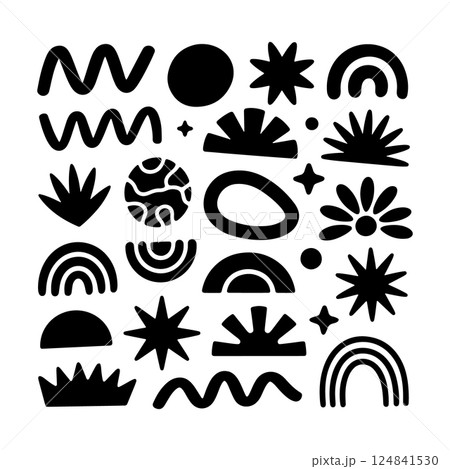 Boho Abstract Square Collage with Nature Motifs. A square boho abstract collage composed of hand-drawn organic symbols. 124841530