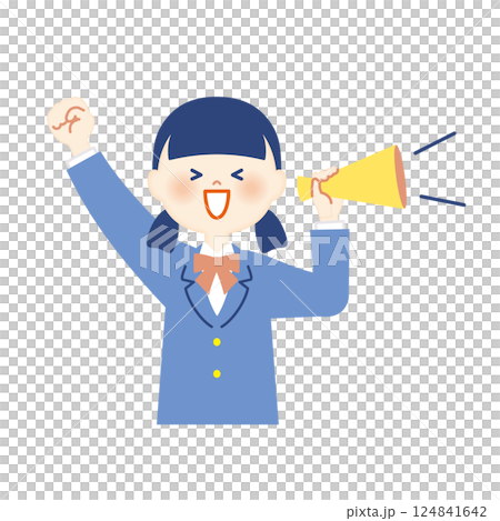Female student in blazer, megaphone and fist pump, upper body Female student in blazer, megaphone and fist pump, upper body 124841642