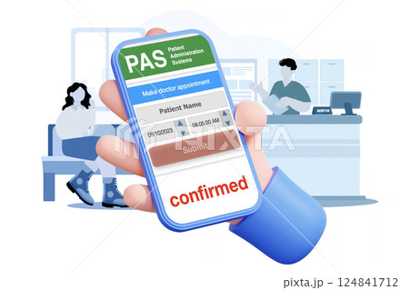 PAS or Patient Administration System mobile app on smartphone in hand. 124841712