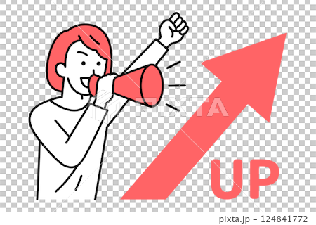 Rising arrow and casual woman cheering with megaphone 124841772