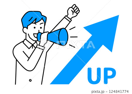 上昇する矢印とメガホンで応援するカジュアルな男性 124841774