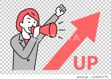 上昇する矢印とメガホンで応援するスーツの女性 124841775