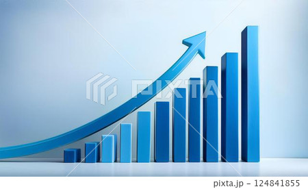 右肩上がりの成長を示す青い棒グラフと上昇矢印 — ビジネス成功と成果向上の視覚化 124841855