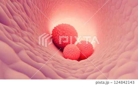 内視鏡で見た大腸など体内に発生した腫瘍、がん細胞、ポリープのイメージの3Dイラスト 124842143