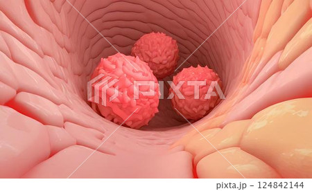 内視鏡で見た大腸など体内に発生した腫瘍、がん細胞、ポリープのイメージの3Dイラスト 124842144