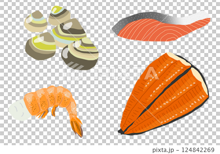 貝類和蝦、鮭魚和鰻魚插圖 124842269
