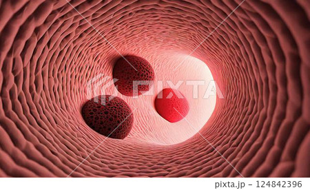 内視鏡で見た大腸など体内に発生した腫瘍、がん細胞、ポリープのイメージの3Dイラスト 124842396