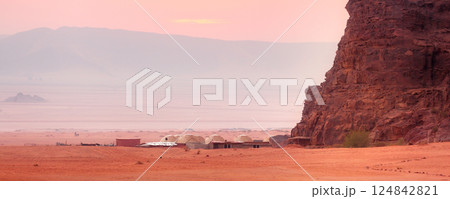 Jordan, Wadi Rum sunrise desert, camp tents Jordan, Wadi Rum sunrise desert, camp tents 124842821