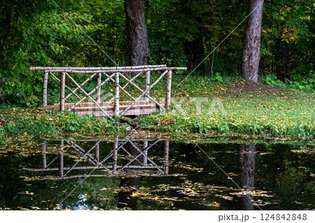 Wooden bridge over a stream near a pond. 124842848