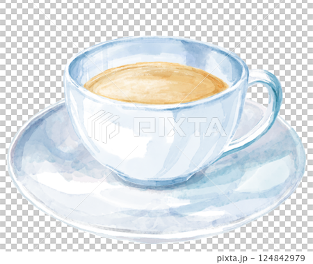 Watercolor illustration of milk tea in a light blue teacup 124842979