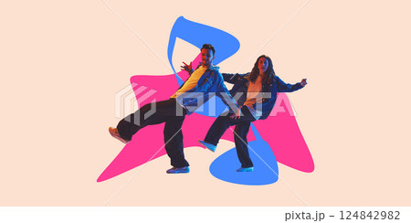 Poster. Contemporary art collage. Urban duo in denim captured mid-move against pink and blue rhythm forms. 124842982