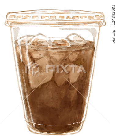プラスチックのカップに入ったアイスコーヒーの水彩イラスト 124842983