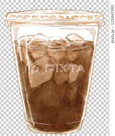 プラスチックのカップに入ったアイスコーヒーの水彩イラスト 124842983