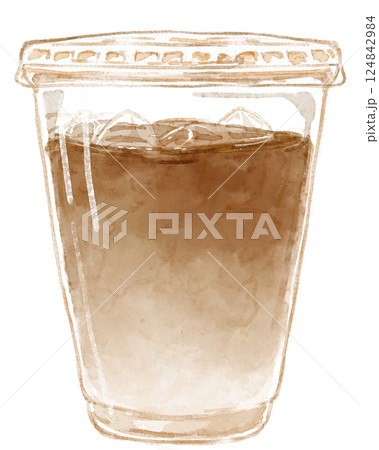 プラスチックのカップに入ったアイスカフェラテの水彩イラスト 124842984