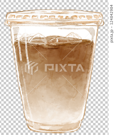 プラスチックのカップに入ったアイスカフェラテの水彩イラスト 124842984
