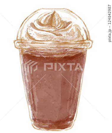 テイクアウトカップに入ったモカフラペチーノの水彩イラスト 124842987
