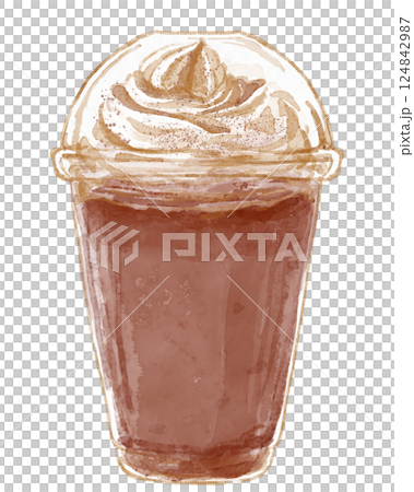 テイクアウトカップに入ったモカフラペチーノの水彩イラスト 124842987