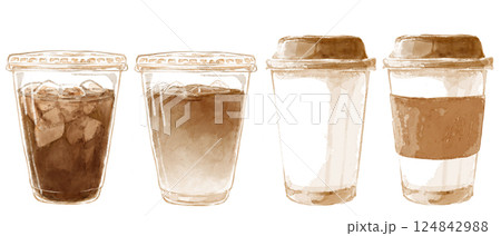 コンビニコーヒーの水彩イラストセット(ホット・アイス) 124842988